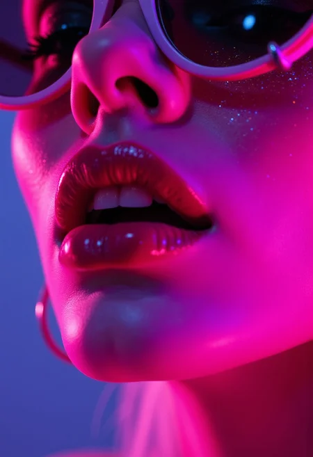 Neon-lit close-up, A hyper-realistic close-up of a beauty supermodel sexy girl face, big lips, bathed in neon pink and purple light with glittering particles on her skin, neon sunglasses with glitter textures patterns, fashion magazine style, beautiful background, Use soft colors and a shallow depth of field