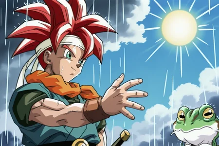 anime screencap, anime coloring, detailed face, perfect fingers, masterpiece, best quality, very aesthetic, absurdres, volumetric lighting,
cloud, sun, day, sunlight, blue sky,
<lora:Chrono_Trigger_anime_cutscene_style:1>
Chrono Trigger style, retro artstyle, 1990s (style),
rain, male focus, 1boy, red hair, frog, headband, spiked hair, bandana, sword, white headband, weapon, blurry, looking at another, Crono (character), Frog (character)