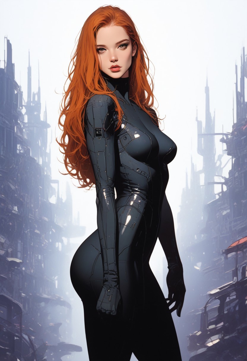Stunning 25yo Woman, model bombshell, beautiful, sensual, luxurious elegant long hair, ginger hair,
tight thin suit, Jedi suit, standing, medium breasts,
thick thighs, thick ass,
neon, futuristic, fantasy,
posing on a futuristic city, summer, sinozick style, g4n1m3, boris valejjo,