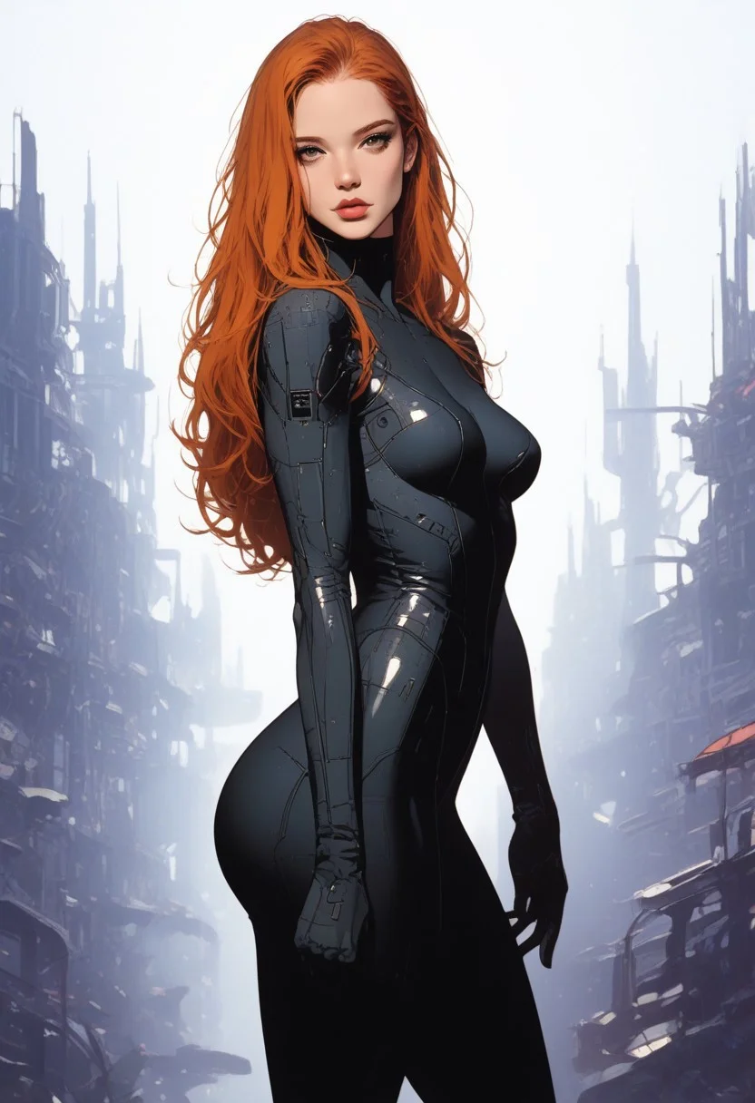 Stunning 25yo Woman, model bombshell, beautiful, sensual, luxurious elegant long hair, ginger hair,
tight thin suit, Jedi suit, standing, medium breasts,
thick thighs, thick ass,
neon, futuristic, fantasy,
posing on a futuristic city, summer, sinozick style, g4n1m3, boris valejjo,