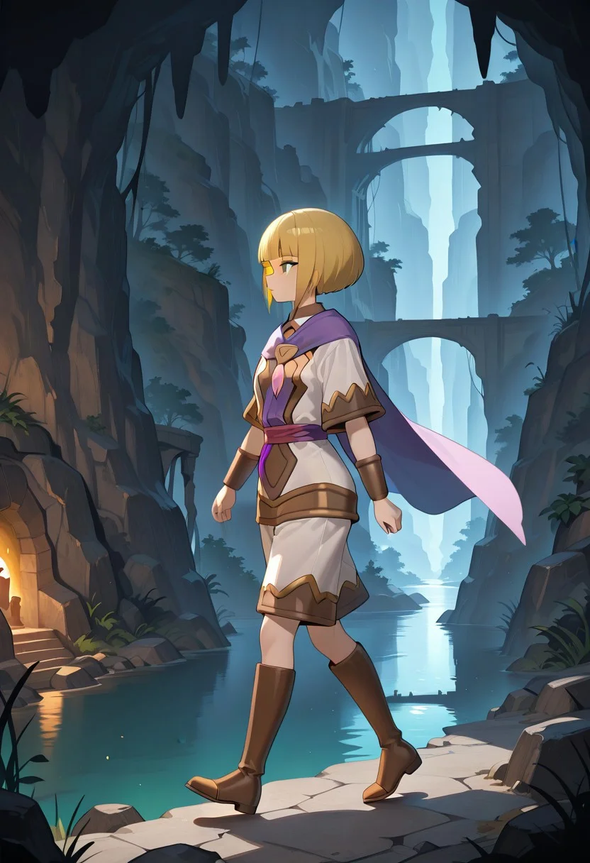 masterpiece, best quality, absurdres, 1girl, solo, Sheba_GS, blonde hair, bob cut, blunt bangs, side locks, short hair with long locks, green eyes, cape, brooch, tunic, short sleeves, sash, bracer, white shorts, shorts, knee boots, brown footwear, full body, walking, from side, underground, ruins, underground ruins, water, nature, building, distant bridge, distant building, cliff, balcony,