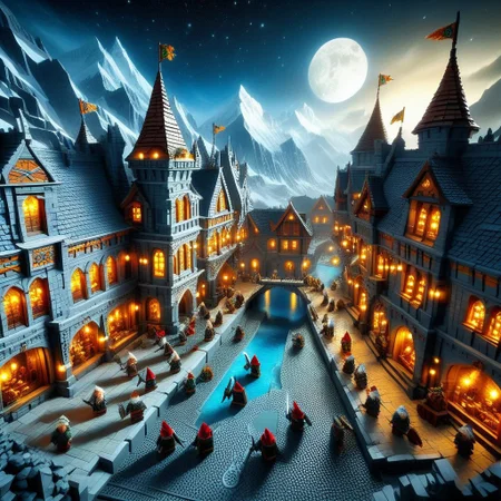 Smooth Quality, masterpiece, best quality, amazing quality, dwarves fighting elves,troglodytic city, lights, mounted wolves, humoristic,