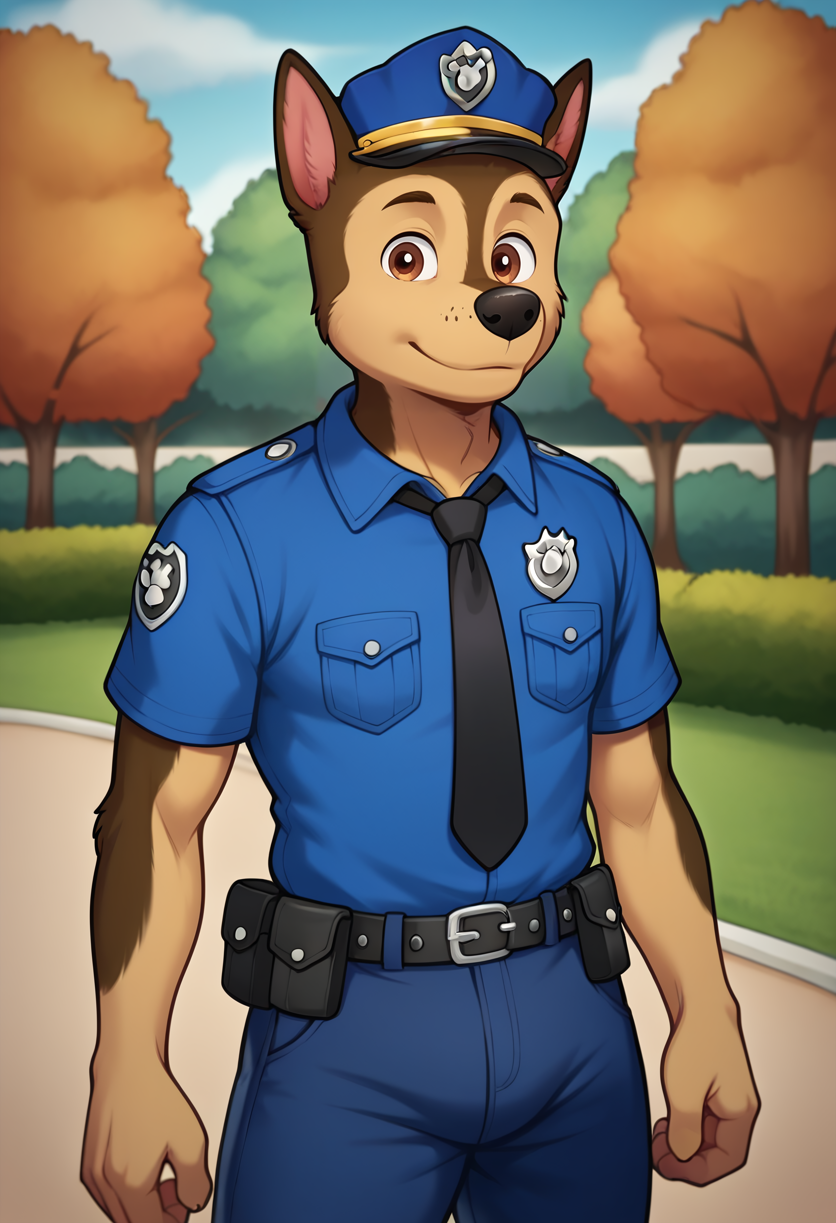 masterpiece, best quality, high quality, detailed, chase, 1boy, anthro, furry, looking at viewer, thick thighs, police uniform, dog boy, brown eyes, (solo), outside, park, <lora:Chase-000017:1>, zPDXL3, pose, portrait, pants, front view <lora:Jam_Orbital_Style:1> JamOrb