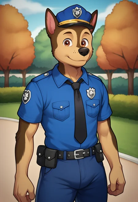 masterpiece, best quality, high quality, detailed, chase, 1boy, anthro, furry, looking at viewer, thick thighs, police uniform, dog boy, brown eyes, (solo), outside, park, <lora:Chase-000017:1>, zPDXL3, pose, portrait, pants, front view <lora:Jam_Orbital_Style:1> JamOrb