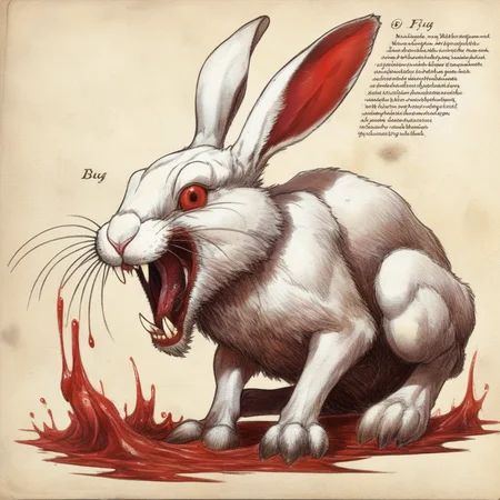 bestiarum white bunny with sharp fangs in red liquid <lora:bestiarum:0.7>