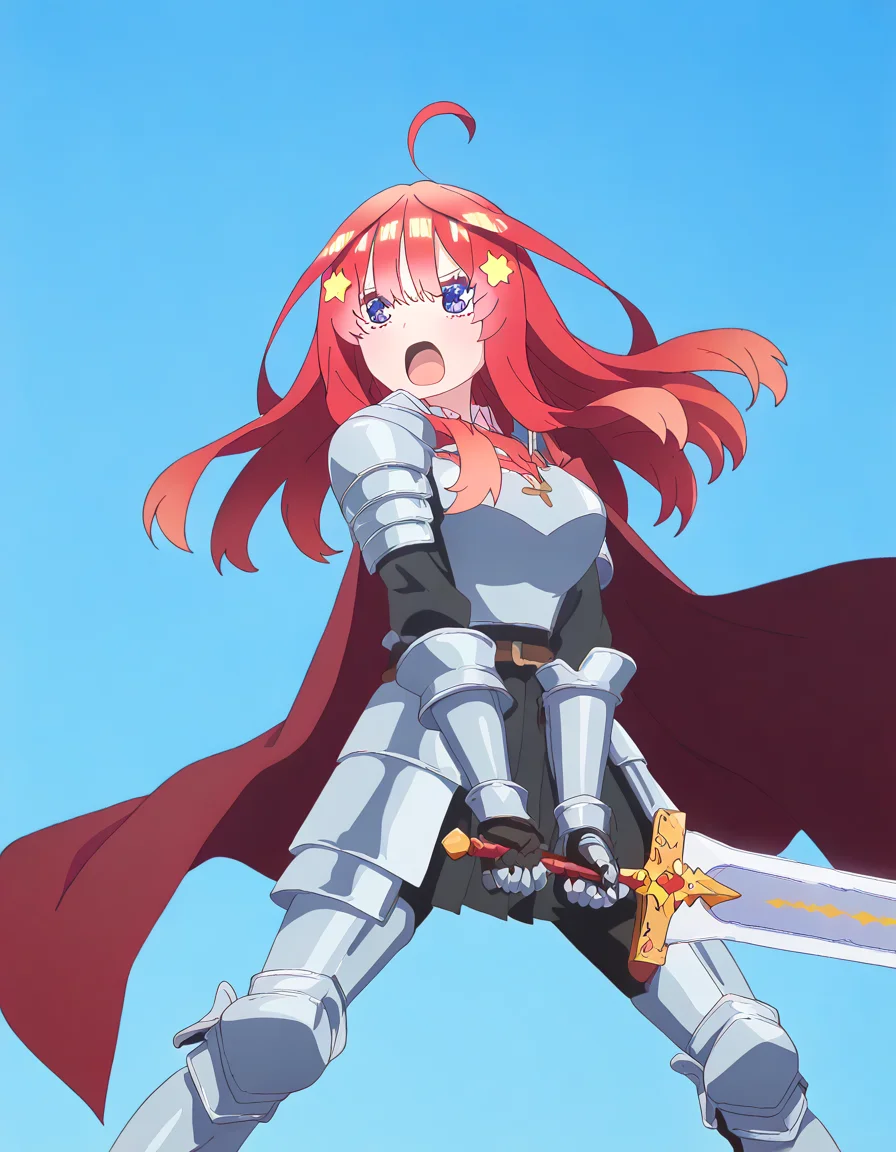 masterpiece, best quality, newest, absurdres, highres, safe,, <lora:itsuki-nakano-s2-ponyxl-lora-nochekaiser:1>, itsuki nakano, bangs, long hair, blue eyes, hair between eyes, ahoge, red hair, star (symbol), hair ornament, star hair ornament, large breasts, anime screencap, <lora:sunrise-stance-illustriousxl-lora-nochekaiser:1>, sunrise stance, weapon, sword, solo, open mouth, holding weapon, holding, holding sword, <lora:knight-ponyxl-lora-nochekaiser:1>, knight, armor, cape, shoulder armor, gauntlets, helmet, pauldrons, red cape,, ,