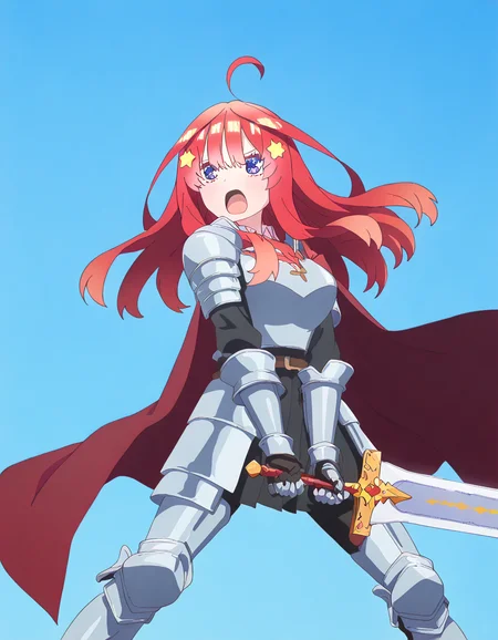 masterpiece, best quality, newest, absurdres, highres, safe,, <lora:itsuki-nakano-s2-ponyxl-lora-nochekaiser:1>, itsuki nakano, bangs, long hair, blue eyes, hair between eyes, ahoge, red hair, star (symbol), hair ornament, star hair ornament, large breasts, anime screencap, <lora:sunrise-stance-illustriousxl-lora-nochekaiser:1>, sunrise stance, weapon, sword, solo, open mouth, holding weapon, holding, holding sword, <lora:knight-ponyxl-lora-nochekaiser:1>, knight, armor, cape, shoulder armor, gauntlets, helmet, pauldrons, red cape,, ,