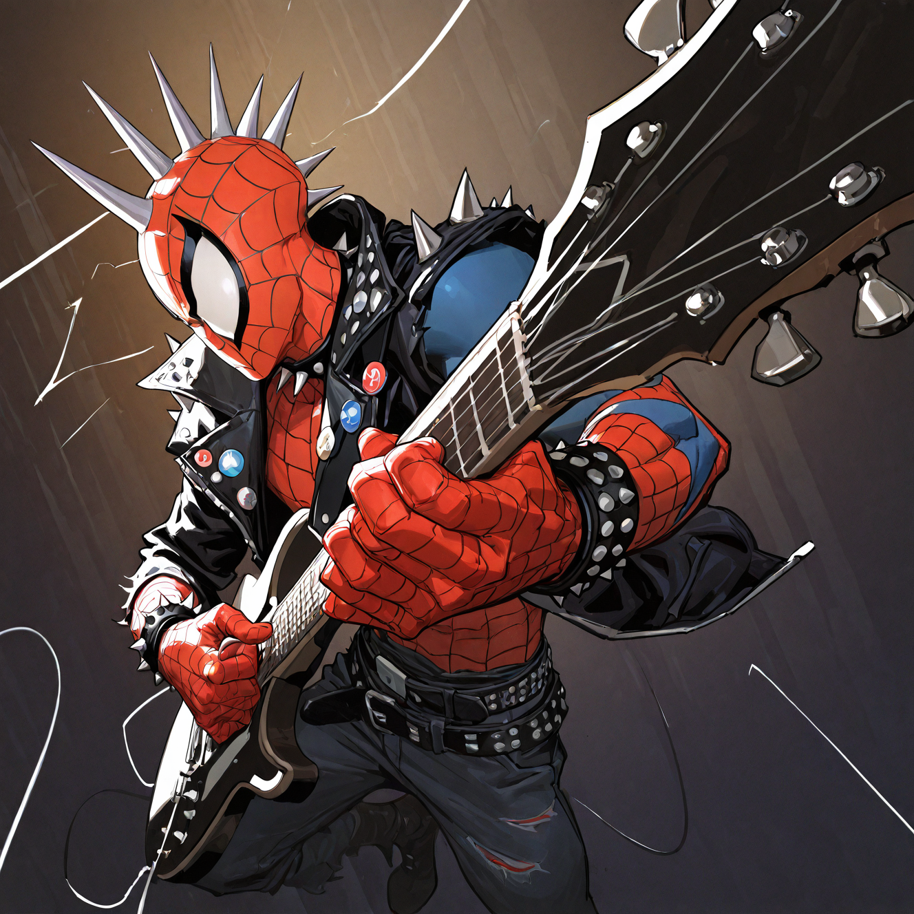 <lora:SPIDERPUNK:1>spiderpunk, solo, 1boy, holding, jewelry, jacket, male focus, horns, pants, black jacket, collar, bracelet, torn clothes, colored skin, instrument, spikes, music, guitar, holding instrument, white eyes, no pupils, spiked collar, playing instrument, spiked bracelet, blank eyes, electric guitar, superhero, sticker, plectrum, studded bracelet, punk, holding plectrum, shirt, open clothes, belt, open jacket, fishnets, button badge, shoulder spikes,  dynamic perspective, night, detailed background, motion blur, film grain, abstract, natural lighting, fantasy, cinematic, dynamic view, very awa, masterpiece, best quality, absurdres, newest, perfect quality, detailed background, intricate details, (artist:fl \(l-fl\):0.7), (artist:tooboshoo:0.7), (artist:dizdoodz:0.8)    <lora:bulge:1> bulge