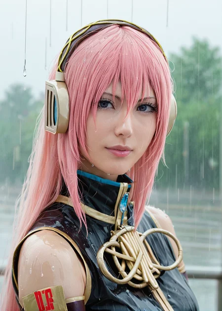 score_9, highly detailed, 1girl, megurine luka v2, pink hair, large breasts, outdoor background, rain, ((upper body)), <lora:Megurine_Luka_V2_Pony_Realistic:1>