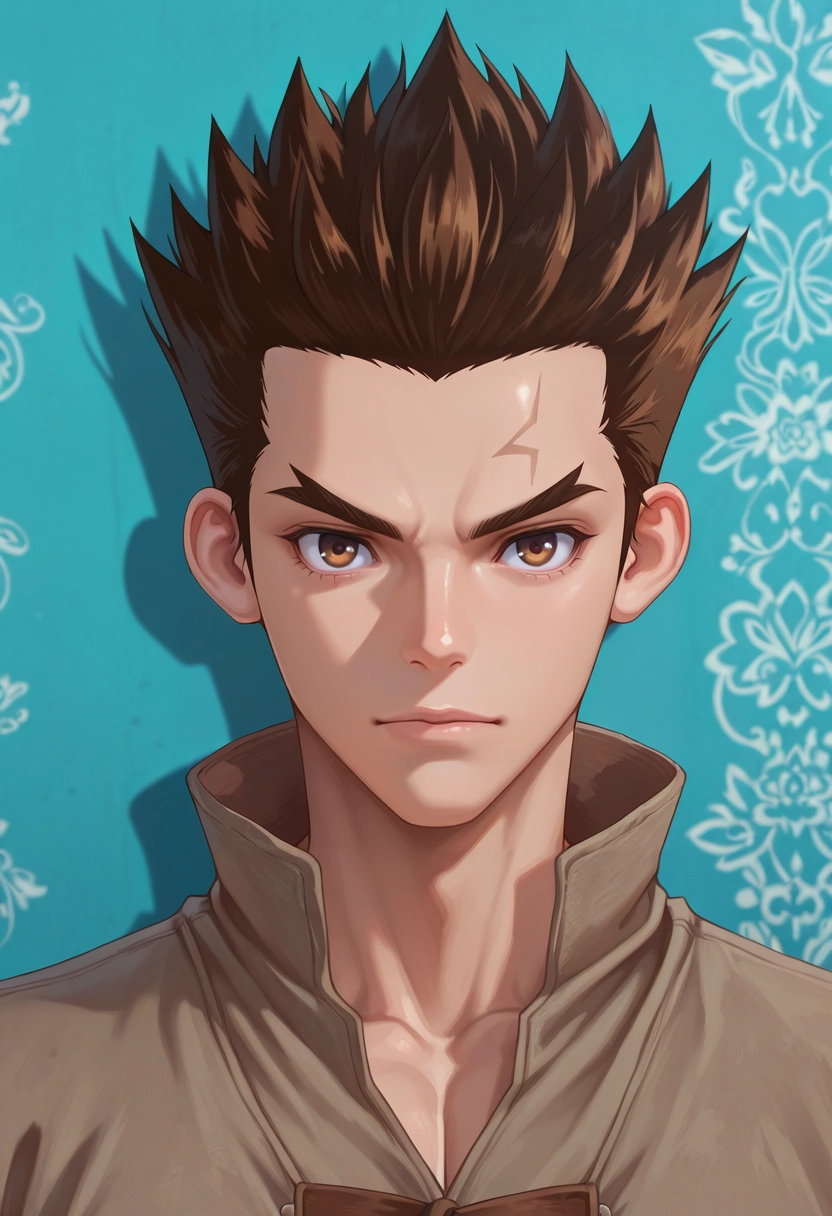 masterpiece, best quality, intricate details, semi-realistic, looking at viewer, 1boy, solo, male focus, <lora:taiju_ooki_ilxl:0.96>, taiju_ooki, brown hair, brown eyes, short hair, spiked hair, ,