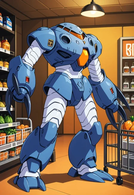 score_9, score_8_up, score_7_up, source_anime, cowboy shot, side view, blue light, BREAK, ( zgok_experiment, orange monoeye, looking at viewer, zeon symbol on chest, menacing claws, standing, ) 1mech, mech focus, solo, BREAK, submarine with searchlight, 2 divers, bubbles, shaft of light, in grocery store, grabbing melon, produce section, pushing shopping cart, squeezing melon, fruit in claws, large claws, holding