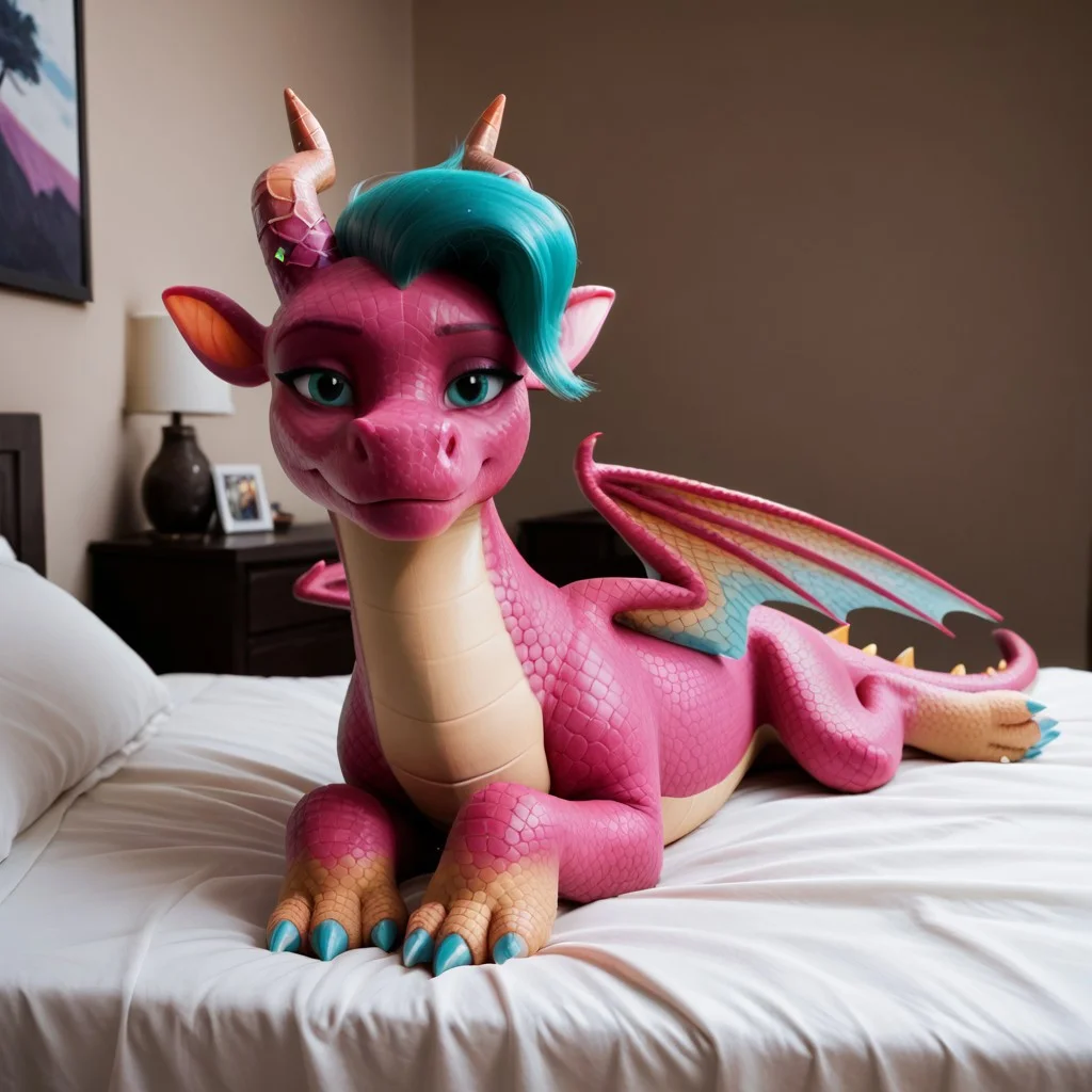 score_9, score_8_up, score_7_up, score_6_up, score_5_up, score_4_up, masterpiece, high quality, realistic, detailed, best quality, white bed, solo, rating_safe, source_furry, bedroom, smiling, seductive, looking at viewer, on bed, lying on belly, blaize_skysong, dragon, pink scales, wings, horns, green hair, tail, female, 1girl, green eyes, feral