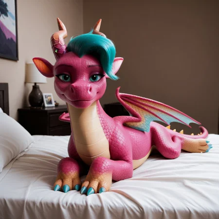 score_9, score_8_up, score_7_up, score_6_up, score_5_up, score_4_up, masterpiece, high quality, realistic, detailed, best quality, white bed, solo, rating_safe, source_furry, bedroom, smiling, seductive, looking at viewer, on bed, lying on belly, blaize_skysong, dragon, pink scales, wings, horns, green hair, tail, female, 1girl, green eyes, feral