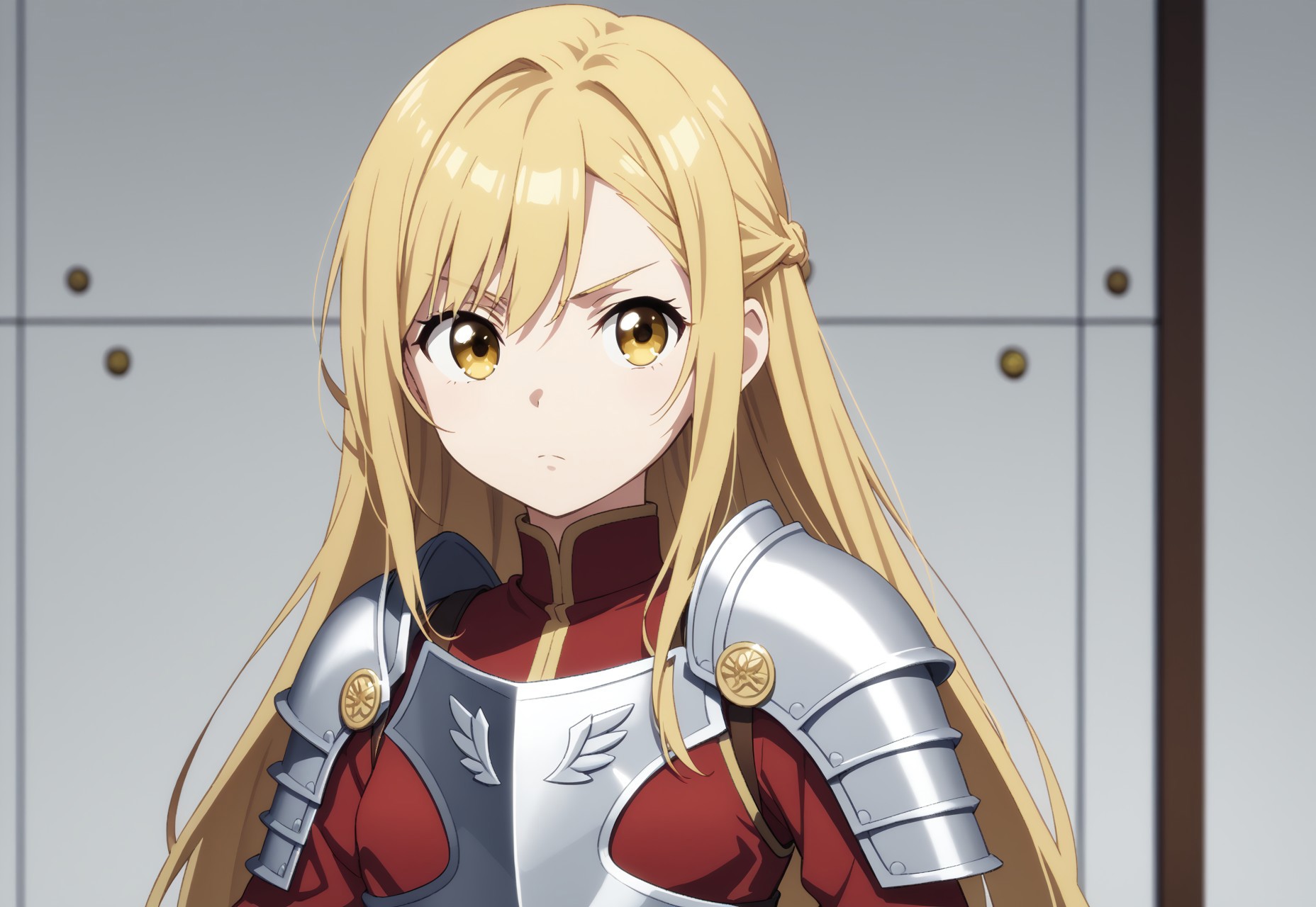safe_pos, safe_pos, safe_pos, 1Girl, anime style, anime graphics, anime shot, original anime graphics, masterpiece, intricate details, anime colors, anime shading, clear image, perfect color choice,

BREAK

, 168 cm tall, , Score_9, Score_8_up, Score_7_up, fine details, small face, small breasts (((size B))), , long straight hair, golden blonde hair, big eyes, bright golden eyes, straight hair, infinitely cute, pretty, asymmetrical bangs, open hair, masterpiece, anime source, bold colors, soft facial features, petite, cute, narrow face, very petite and slim, flat butt

BREAK

In the Middle Ages, Wearing knight armor, Holding iron shield, serious facial expression, side front view, castle in the background