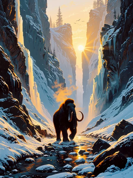 romanticism, grand oil painting on canvas, traditional media, masterful brushwork and luminous colors, evoking a sense of awe and grandeur, a prehistoric ice age valley, towering snow-covered cliffs with cascading frozen waterfalls, their jagged icicles glistening in the golden glow of the setting sun, a mighty woolly mammoth with majestic, symmetrical tusks roams in the middle ground, leaving tracks in the snow behind, it is bathed in warm light, its thick fur illuminated with a soft radiance, its massive curved tusks gleaming as it gazes into the distance, steam rising from its breath in the cold air, in the foreground, a partially frozen, narrow river winds through the snowy landscape, patches of ice and dark stones breaking the surface, reflecting the interplay of fire and ice, the golden sunlight dances upon the icy waters, contrasting against the deep blues of the snow and shadows, icy mist swirls over the top of the cliffs, adding depth and atmosphere, the background features a vast, wintry expanse fading into a hazy glow, distant peaks shrouded in mist, birds soaring high in the crisp air, enhancing the sense of scale and untamed wilderness, rich, painterly textures, the fine detailing of the mammothâs fur and the rugged cliffs, dramatic lighting that captures the sublime beauty of natureâs extremes, a composition balanced between warmth and cold, life and stillness, a breathtaking homage to the lost world of the pleistocene, oil on canvas with impasto highlights, deep atmospheric perspective, reminiscent of the great landscape painters of the 19th century, ovg, famous artwork inspired by caspar david friedrich and carl spitzweg, <lora:style-caspar_david_friedrich-flux-by_tiberiana:0.92> <lora:style-carl_spitzweg-flux-by_tangbohu:0.56>