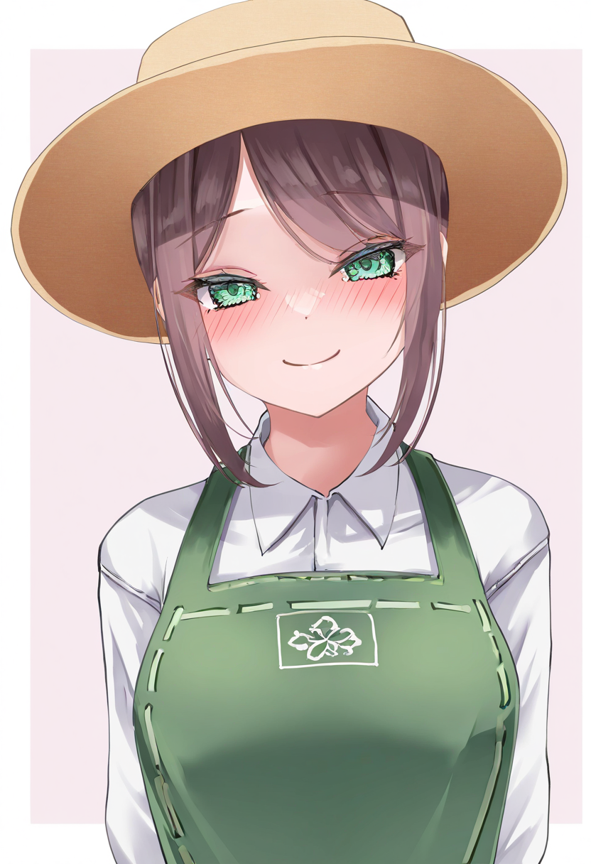 (masterpiece, high quality, amazing detail), highres, very awa, very aesthetic, absurdres, year 2024, sougetsu izuki,
1girl, emma_woods, look at viewer, green eyes, blush, smile, simple background, brown hair, shirt, hat, closed mouth, white shirt, upper body, heart, sidelocks, collared shirt, apron, <lora:emma_wood:1>