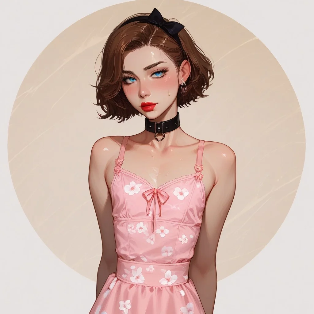 score_9, score_8_up, score_7_up, Expressiveh, fFaceDetail, OverallDetail, sexy pose,
, kawaii, perfect eyes, detailed, , pale skin, perfect skin,
(1_Femboy), detailed eyes, big blue eyes,
,
sexy skinny feminne body, round sport ass,
, narrow waist, bob haircut ,brown hair,
Lace stockings, , black nails, , ear piercing, makeup, lipstick, strands, black collar, , ,
, submissive, thin waist,
Aroused, ,
sexy, blush,, eyes widen, sweat,
Solo,
cotton dress, cincher, pink dress, floral print, lace, bow, back bow, collarbone, hairband, hair bow, highly detailed, intricate, arms out, leaning back, contrapposto, modelshoot, abstract background, cowboy shot, solo