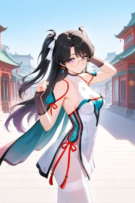 zhezhi,  purple eyes, chinese clothes, outfit 1, white pantyhose, round eyewear, 1girl, long hair, black hair, glasses, twintails, dress, black footwear, breasts, looking at viewer, bangs, purple eyes, thighhighs, bare shoulders, medium breasts, closed mouth, standing,  white dress, <lora:zhezhi_ww_illus:1> alone, sexy pose, cowboy shot, seductive smile, cape, earrings, ancient chinese town,  side view,