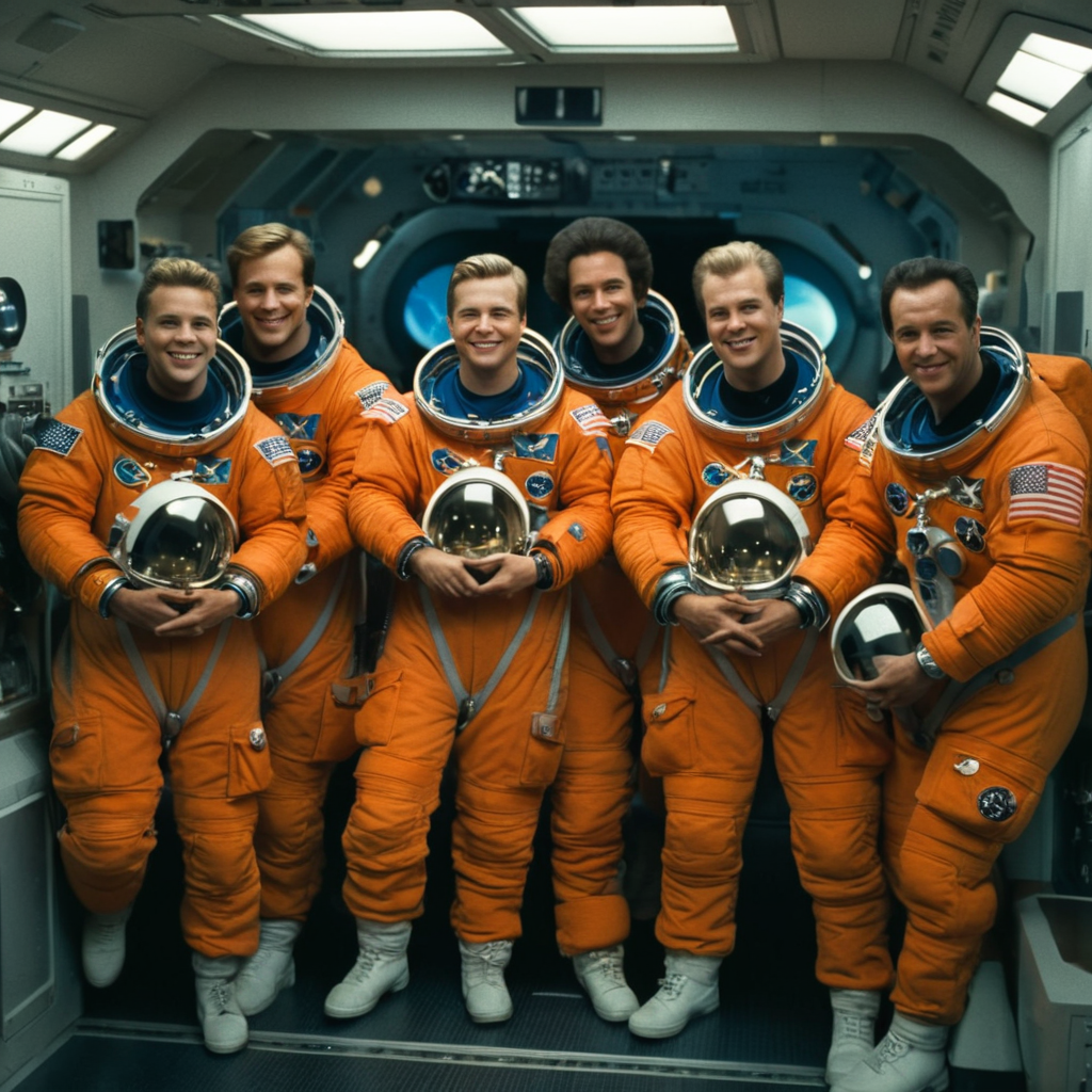 cinematic film still of  <lora:1990's style:1.2>
In the 1990's a group of astronauts in orange spacesuits in a space station,looking at viewer,smile,multiple boys,teeth,grin,facial hair,helmet,science fiction,6+boys,realistic,space,planet,american flag,spacecraft,spacesuit,space helmet,astronaut , realistic,realism, detailed, perfection,perfect,filmic,retro,vintage,classic,different haircut,different look,different style,different people, 1990's style , 1990 style, shallow depth of field, vignette, highly detailed, high budget, bokeh, cinemascope, moody, epic, gorgeous, film grain, grainy