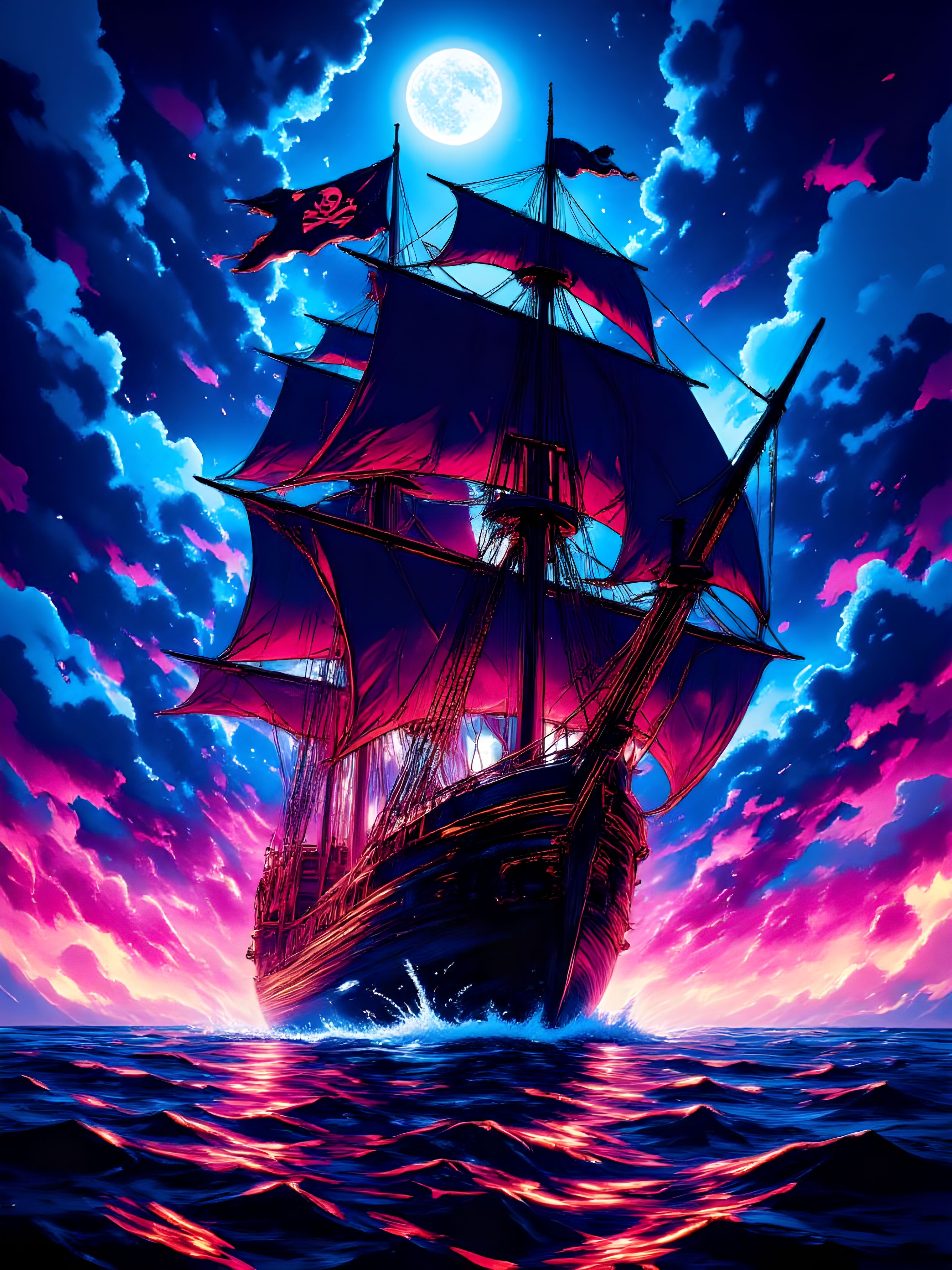 Masterpiece of neon splash art featuring a pirate ship set against a vivid, dynamic backdrop. The ship is silhouetted with black sails and a tattered Jolly Roger flag fluttering atop its damaged rigging. The worn sails and frayed ropes are illuminated by vibrant neon splashes, creating a dramatic contrast. The composition exudes a sense of motion and energy, with the dynamic colors enhancing the mysterious and adventurous aura of the pirate vessel. A stormy sea glows faintly below, while streaks of neon light and mist add depth and surrealism to the scene. aidmaimageupgrader, aidmaMJ6.1m, detailmaximizer, mythp0rt, ne0nfant4sy, drkfnts <lora:aidmaImageUpgrader-FLUX-V0.2:0.8> <lora:aidmaMJ6.1_aidmaMJ6.1-FLUX-v0.4:0.8> <lora:aidmaGLOW-FLUX-V0.1:0.72> <lora:v1v1dr34m:0.64> <lora:aesthetic2-cdo-0.5:0.62> <lora:mythp0rt_FluxMythP0rtr4itStyle:0.66> <lora:ne0nfant4sy_NeonFantasyPrimeFLUX-000049:0.7>