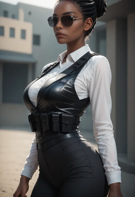 score_9, score_8_up, score_7_up,
1girl, solo, bodyguard, collared shirt:white shirt, bulletproof vest:shoulder holster, pant suit:black pants, sunglasses, looking at viewer, expressionless, cowboy shot, straight-on, dutch angle, depth of field,
<lora:Dark_Berea_Pony_v1.0:0.5> d4rkb3r34, dreadlocks:single hair bun, very dark skin,