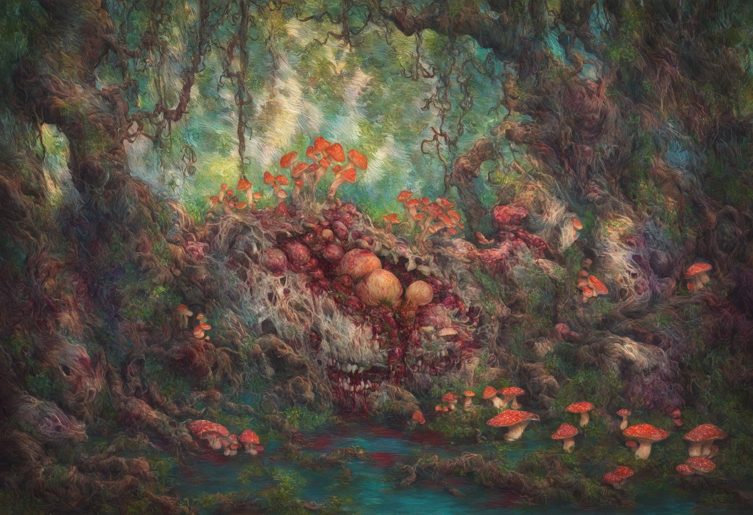 masterpiece, best quality, nature, decay, colorful, vines, roots, blood, organs, teeth, mushroom, fine detail <lora:CarolineHarrison_V1_NoobAI:1.0>