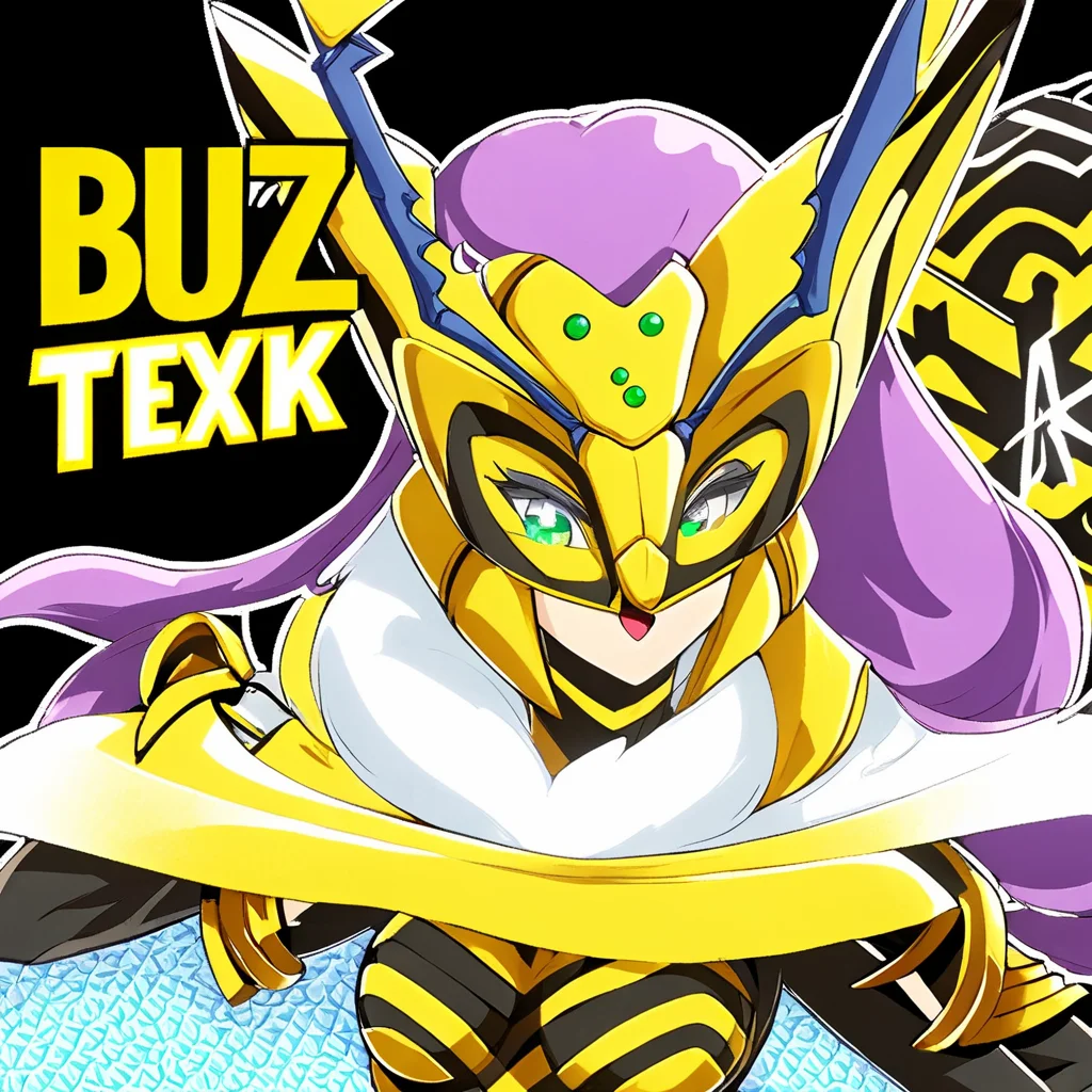((BUZZ) text logo, black,yellow),vivid anime,text focus,portrait,cropped,1girl,solo,braided ponytail,ponytail ornament,mask,cape,antenna,solo,queenbeemon,<lora:QueenBeemonXL:0.99>, <lora:Harrlogos_v1.1:1.2>