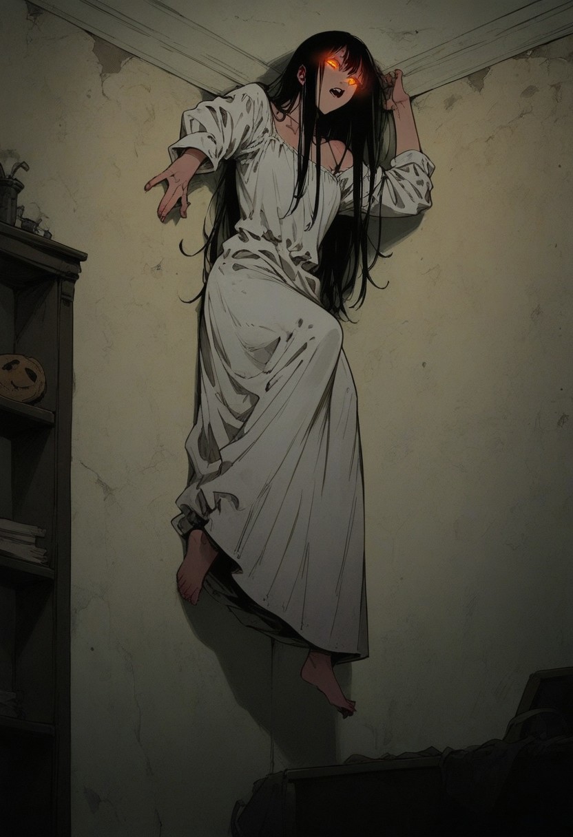 score_9, score_8_up, score_7_up, 1girl, solo, p0ssessed, ceiling, corner. wall, low angle, view from below, against wall, ghost, white dress, long hair, black hair, room, dark, low light, night, DarkFantasy, glowing eyes, barefoot, feet, sinozick style, flat color, dark theme,