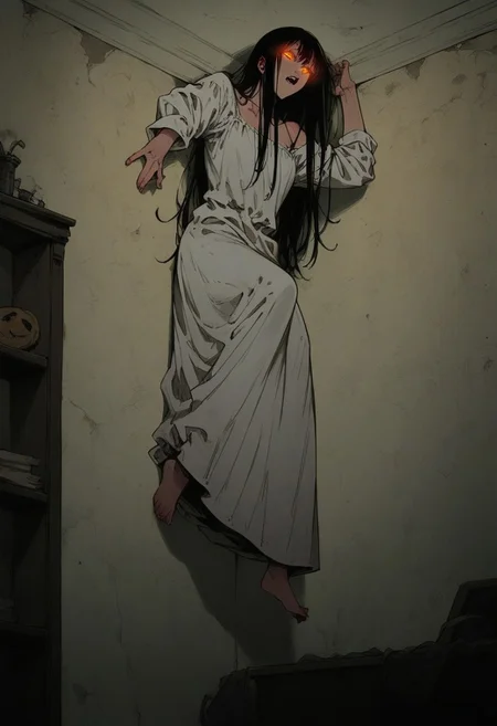 score_9, score_8_up, score_7_up, 1girl, solo, p0ssessed, ceiling, corner. wall, low angle, view from below, against wall, ghost, white dress, long hair, black hair, room, dark, low light, night, DarkFantasy, glowing eyes, barefoot, feet, sinozick style, flat color, dark theme,