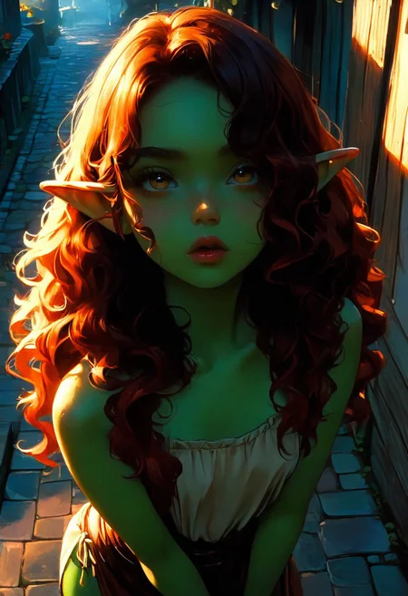 score_9, score_8_up, score_7_up, 1girl, goblin, short, dark green skin, solo female focus, large pointed ears. skinny, wild red hair, long hair, loose curly hair, green skin, freckles, Freckled ass, beautiful yellow eyes, small breasts, brown loin cloth, cloth chest wrap. Pouting lips. Blushing, cute pout, expression. Holding up wooden sign, "buzz". Looking up at viewer. View from above.
Medieval town street. Bright sunny day
