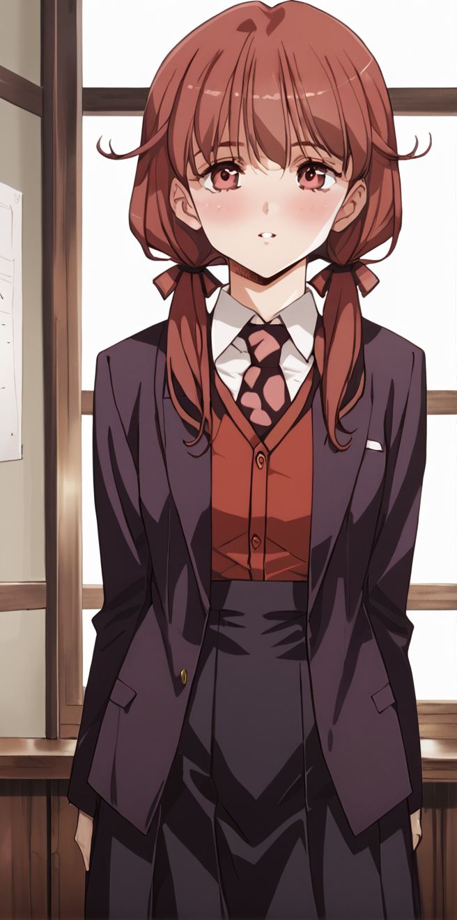 1girl,  absurdres, uncensored,
score_9, score_8_up, score_7_up, score_6_up, source_anime, zPDXL3,
(mature female),
BREAK
indoors, seductive smile, smile,
BREAK
,
BREAK
 isuzu, yellow eyes, red hair, twintails, school uniform, low twintails, blazer, shirt, white shirt, collared shirt, necktie, black skirt, black pantyhose,  
<lora:Urushihara Satoshi_XL_PONY_V2:0.9>,<lora:edomaeelf:0.8>