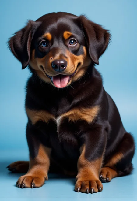 DogPortraitHQ, 4k, realistic, fluffy hair, dark brown dog, happy look, light blue background