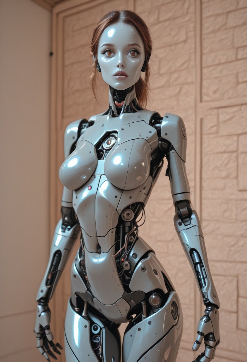 A beautiful robot, female, medium breasts, curvy athletic build