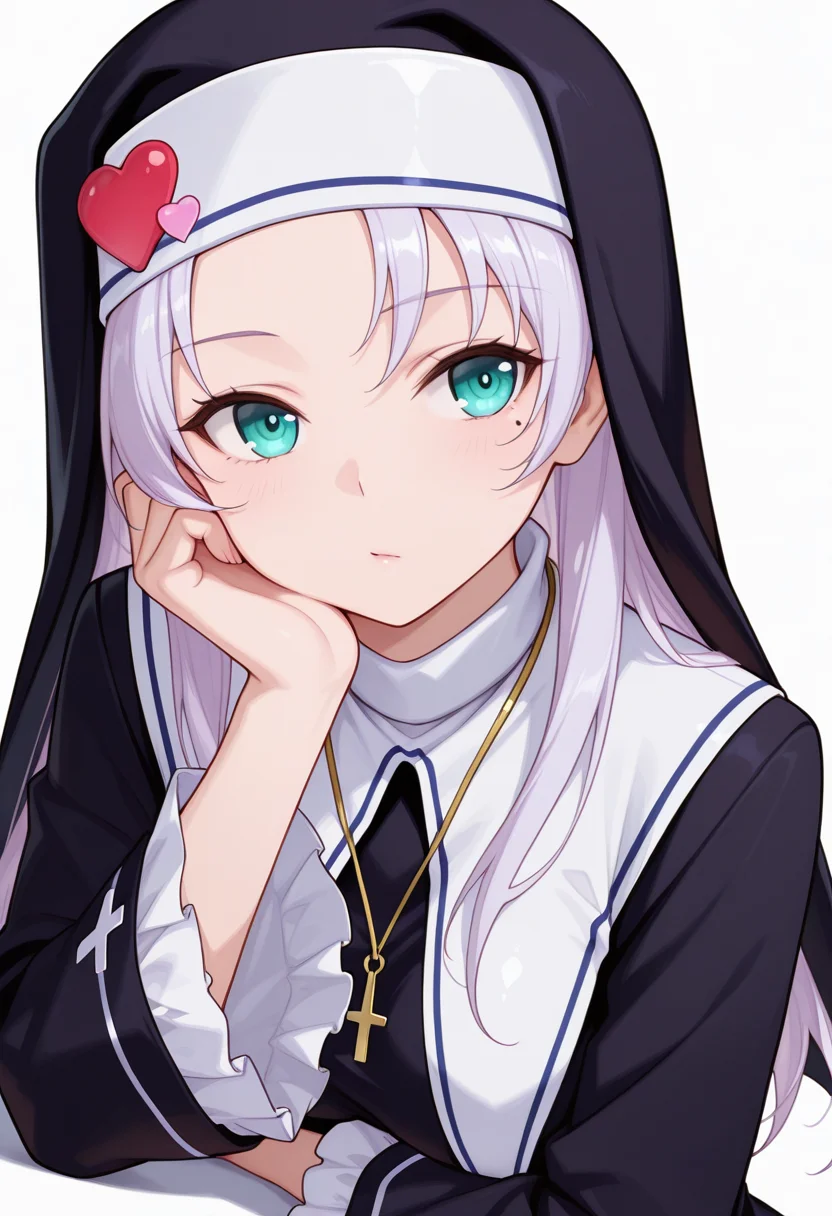 Smooth Quality,masterpiece,very intricate, high quality details, ultra realistic, high detailed skin,detailed enviorement,absurdres,
hand on own cheek,
<lora:Kate_Takayama_CNR:0.8> kate_cnr, 1girl,light purple hair, long hair, aqua eyes, mole under eye,nun, habit,cross necklace, heart ornament,boots,, simple background, white background, dutch angle,solo,, uwu,