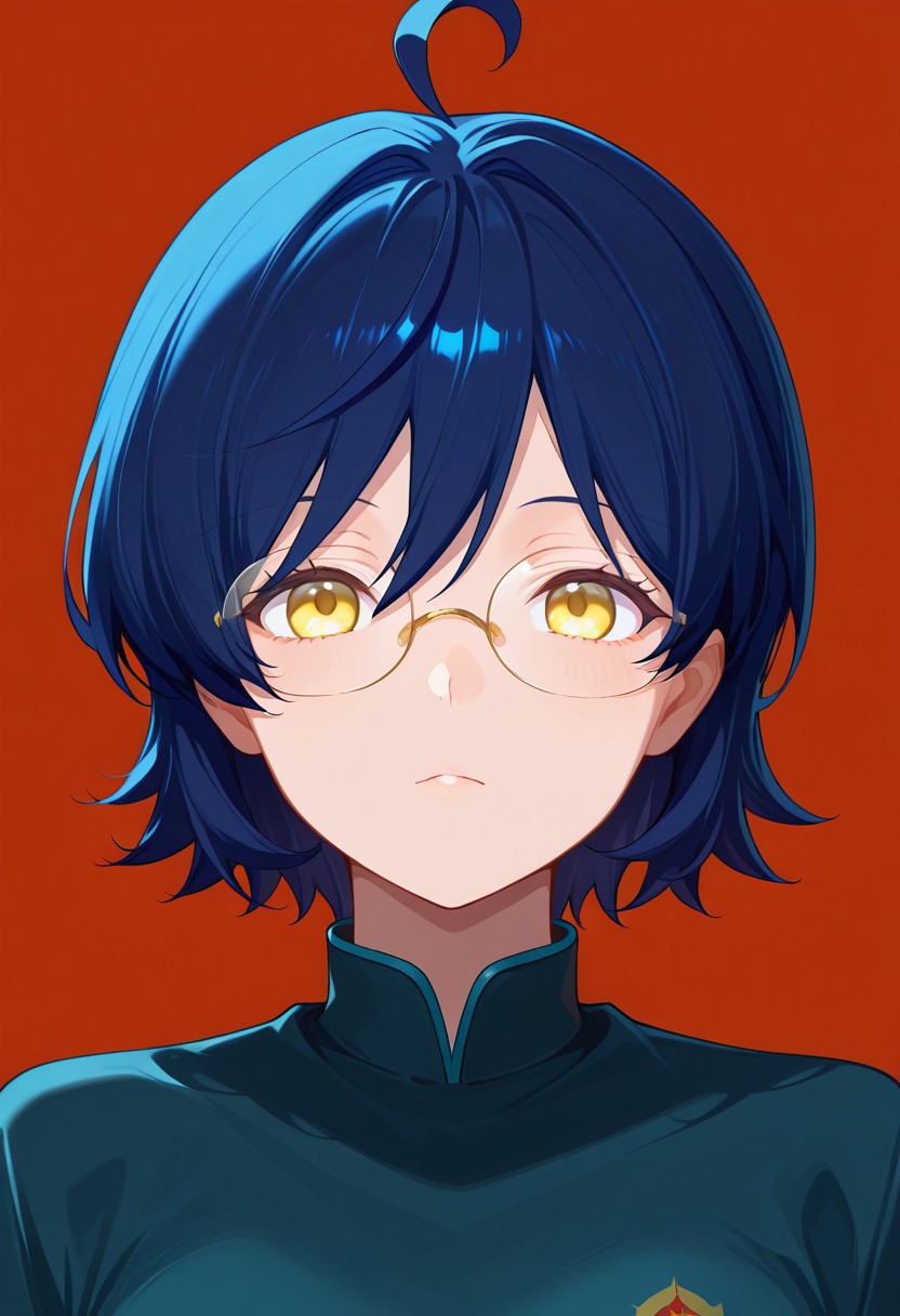 score_9,score_8_up,score_7_up, <lora:Jenya Lora:1>,1 girl, solo, mz, ahoge, short hair, blue hair, yellow eyes, glasses,
