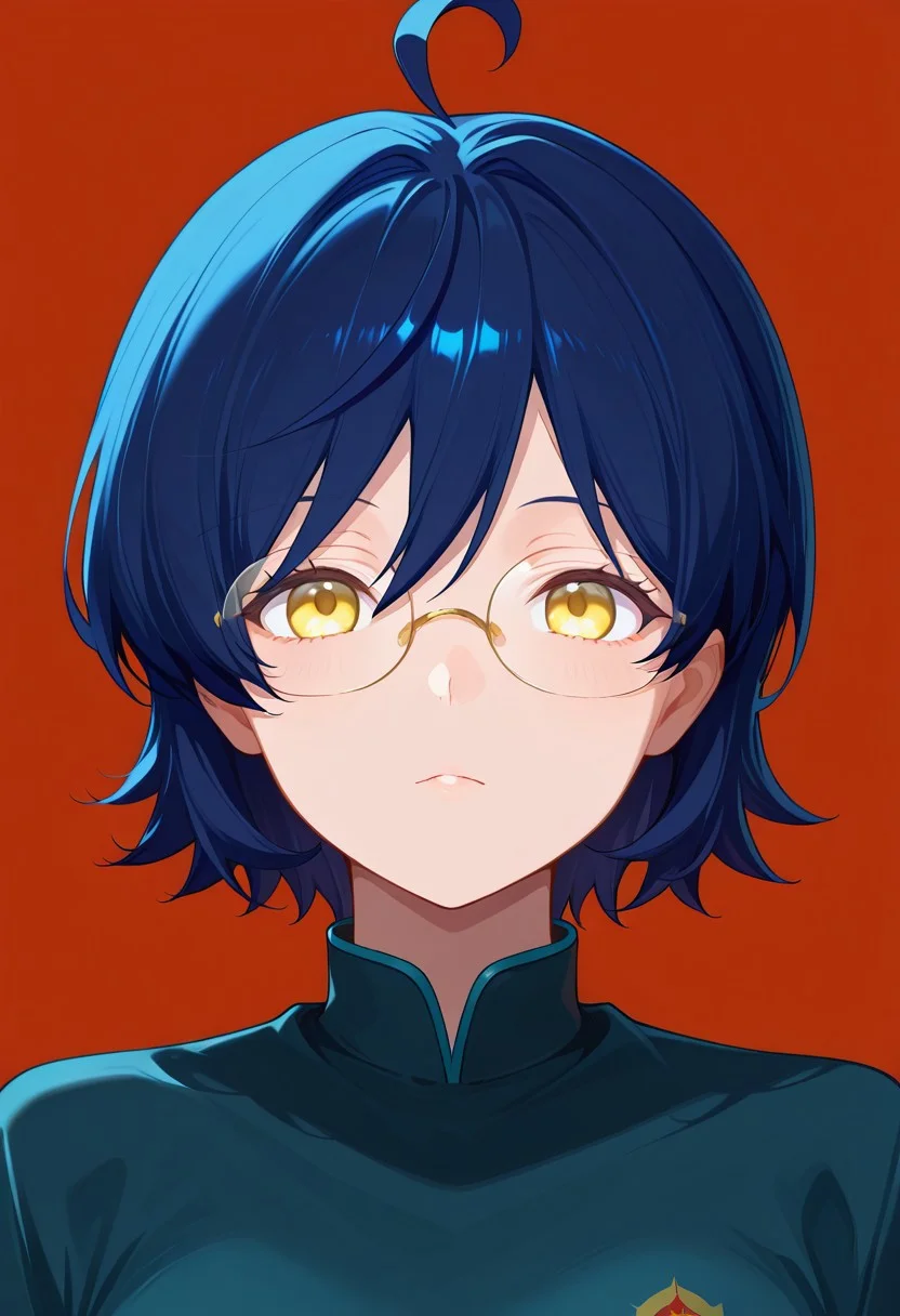 score_9,score_8_up,score_7_up, <lora:Jenya Lora:1>,1 girl, solo, mz, ahoge, short hair, blue hair, yellow eyes, glasses,