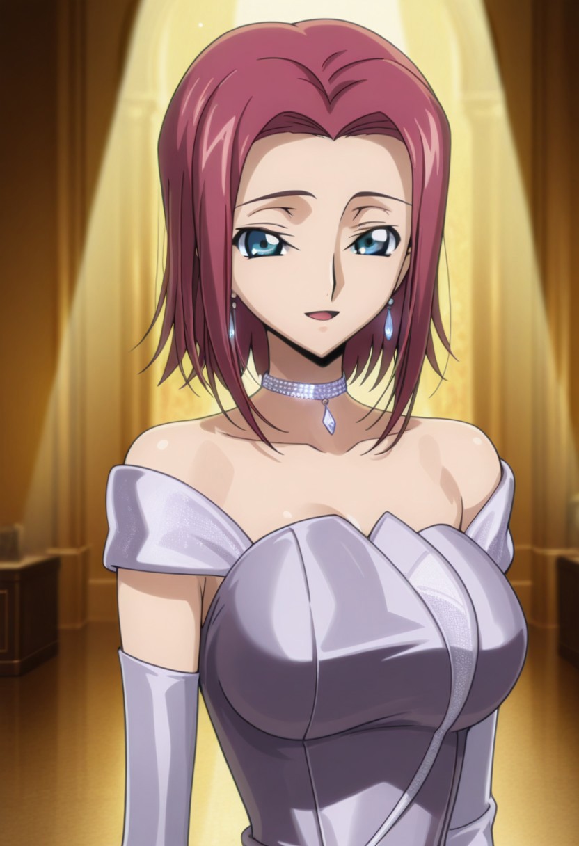 highres, score_9, score_8, score_7, masterpiece, best quality, good quality, very aesthetic, absurdres, newest, Anime screenshot, 1girl, solo, <lora:C.C._and_Kallen_Stadtfeld_Code_Geass:.9>, Kallen Stadtfeld (character), kouzuki kallen, red hair, blue eyes, large breasts,
strapless dress, satin <color> dress, off-shoulder, silver applique, asymmetrical applique, sparkle accent, elbow gloves, diamond bracelent, diamond choker, earrings,
ballroom, blurry background, night, soft light, spotlight, portrait,
dancing, looking at viewer, smile, open mouth, happy, dynamic pose,