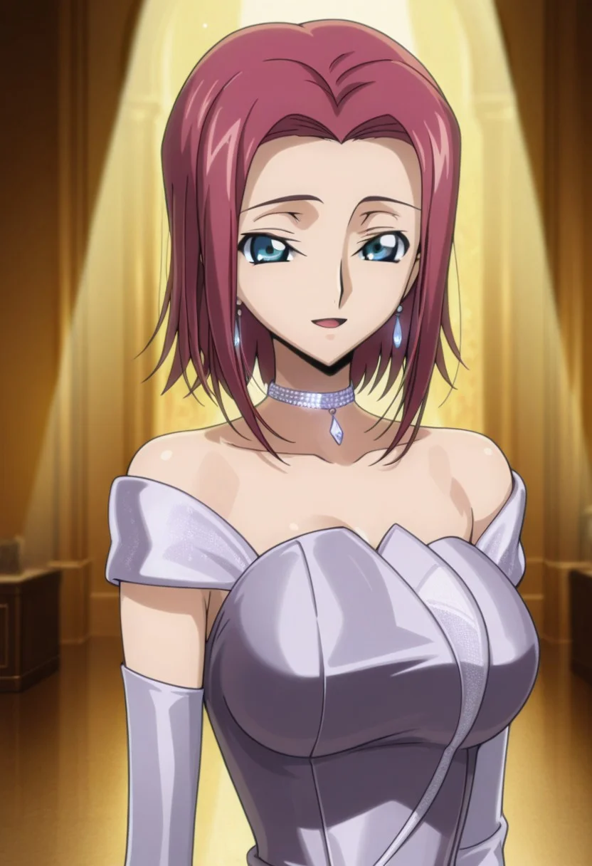 highres, score_9, score_8, score_7, masterpiece, best quality, good quality, very aesthetic, absurdres, newest, Anime screenshot, 1girl, solo, <lora:C.C._and_Kallen_Stadtfeld_Code_Geass:.9>, Kallen Stadtfeld (character), kouzuki kallen, red hair, blue eyes, large breasts,
strapless dress, satin <color> dress, off-shoulder, silver applique, asymmetrical applique, sparkle accent, elbow gloves, diamond bracelent, diamond choker, earrings,
ballroom, blurry background, night, soft light, spotlight, portrait,
dancing, looking at viewer, smile, open mouth, happy, dynamic pose,
