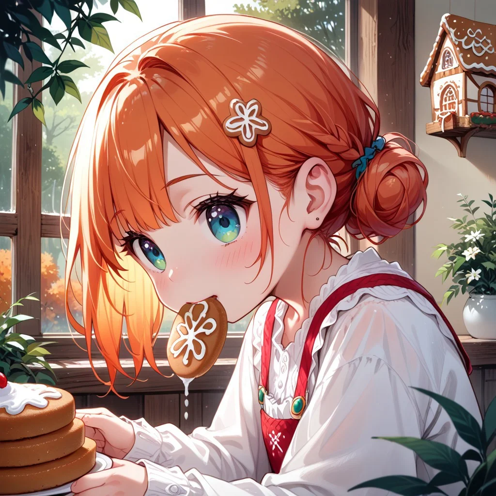 score_9, score_8_up, score_7_up, source_anime, 2girls,(ultra HD quality details), anime, slightly chibi, one girl is looking outside of the window of a gingerbread house, gingerbread house, has a surprised expression, the other girl is biting into the gingerbread house, biting gingerbread, (detailed image, high resolution, 5k resolution:1.0), Expressiveh, warm lighting, forest, autumn, closeup