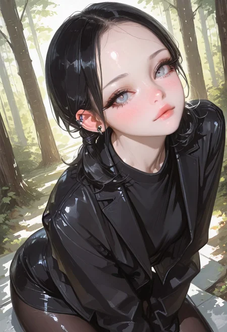 masterpiece, best quality, absurdres, highres, (()), cinematic composition, ultra-detailed, high-quality,
blushing, asian girl, small head, pretty girl, korean girl,
((slim body)),), Dynamic angle, Dynamic pose, 
ear piercings, Nswf, , ,  sexy pose, ,,, ,,,,,, 
,,High Saturation, , no lineart,no outline, ,, retro film,,, ,,, ) , ,,,,masterwork, masterpiece, best quality, dynamic lighting , dynamic pose,,  dynamic angle, , ,  (lineless:1.2), detailed, depth of field, dynamic lighting, blurry, (cheekbones:0.85), (realistic:1.2)
adult, aged up,, ultra-HD, cinematic lighting, photorealistic, (impressionism:1.5), high detail  ,masterpiece, best quality, very aesthetic, 8k,
,,,,,,
, 
detailed background, forest background, cool colors, (masterpiece), (best quality), (impasto:), (photorealistic), detailed beautiful eyes, detailed pretty face, realistic face, {{beautifully detailed pupils:1.19}}, (lustrous skin), side lighting, ((semi realistic)), {{{oil painting}}}, looking at viewer, big pelvis, 1girl, ((solo)), {perfect anatomy}, (clear line), dynamic angle, short hair, two pigtails, black hair, clean forehead, very long eyelashes, gray eyes,{{{skinny}}}, }, normal legs, black shirt, black skirt, black jacket, black pantyhose, sitting