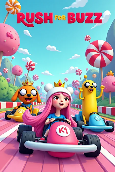 finn, jake the dog and princess bubblegum are driving go-karts on a colorful racetrack. The track features several oversized candy items such as trees made out of candycanes and cotton candy, lollipop flowers and lakes filled with soda. princess bubblegum is slender with pink skin and long pink hair. She is wearing a pink gown and a golden tiara sits upon her head. jake is a stretchy yellow-orange bulldog with large round eyes and a cheerful smile. finn is a round-faced human wearing a blue shirt and a white bear-eared hat. above a text in red letters reads: "RUSH FOR BUZZ", flanked by two lollipops.
aidmafluxpro1.1