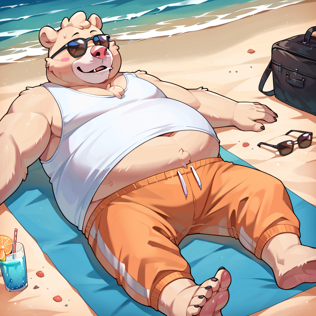score_9, score_8_up, score_7_up, score_6_up, score_5_up, score_4_up, source_cartoon, pile, bear, beige fur, pink nose, tank top, orange pants, chubby, fat, <lora:Pile_Breeze_in_the_Clouds_PonyXL:1> outside, beach background, beach scenery, water, relaxing, laying down, looking at viewer, sunglasses, barefoot,