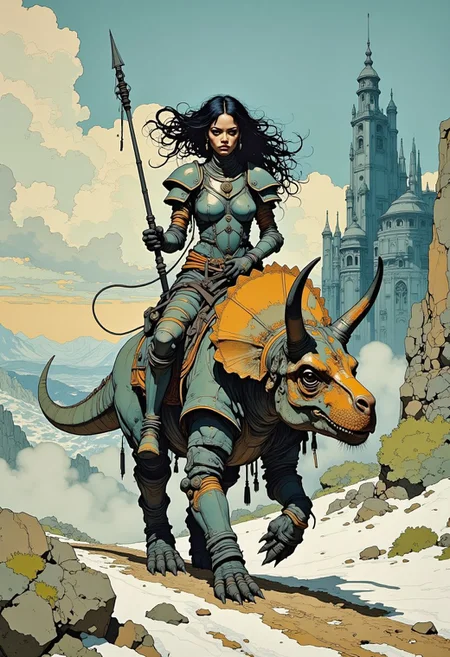 A woman in armour, riding a war triceratops, African tribal elements, dramatic scenery, snow, space colony behind, cyberpunk