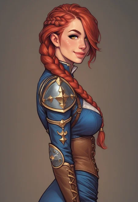 1girl, ((((side view)))), illustration, looking at viewer, highly detailed, from front, 1girl, illustration, looking at viewer, highly detailed, source_comic_illustrationskinny, looking at viewer, 1girl, masterpiece, best quality, Her , full body portrait, 1girl, <lora:agrias-nvwls-v3:1> agrias, armor, corset, blue dress, brown gloves, weapon, cross-laced boots, looking at viewer, sidelocks, braided ponytail, yellow eyes, Romance, sci-fi, artificial intelligence, highly detailed
BREAK
slight smile, looking at viewer,
BREAK
long hair, red hair, hair over one eye, big hair,
BREAK
best quality, depth of field, bokeh, (((full clothed))) (best quality, high detail), ((masterpiece)), <lora:1_ino_20e:1>
BREAK
((((field, farm)))) score_9, score_8_up, score_7_up, score_6_up, source_cartoon, rating_explicit, Expressiveh, (((((upper body))))), dynamic pose