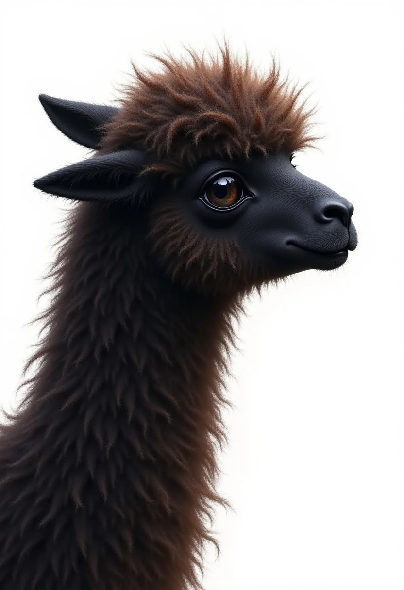 Brushstrokes, painting of a creature resembling a alpaca. The artwork showcases the animal's face in profile, capturing its expressive and somewhat melancholic demeanor. The alpaca's fur is very detailed, fluffy and strands of hair meticulously depicted, giving a sense of depth and volume. The fur is predominantly black and brown reminding of a lucky cat, creating a stark contrast against the white background. The alpaca's eyes are big, dark and soulful, gazing slightly off to the right. The overall tone of the image is somber, introspective and a bit sad. The artist's skillful use of shading and light gives the image a three-dimensional quality, making the alpaca's fur appear slightly rough, fluffy and the skin slightly wrinkled