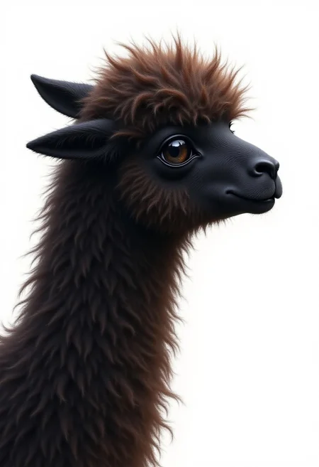 Brushstrokes, painting of a creature resembling a alpaca. The artwork showcases the animal's face in profile, capturing its expressive and somewhat melancholic demeanor. The alpaca's fur is very detailed, fluffy and strands of hair meticulously depicted, giving a sense of depth and volume. The fur is predominantly black and brown reminding of a lucky cat, creating a stark contrast against the white background. The alpaca's eyes are big, dark and soulful, gazing slightly off to the right. The overall tone of the image is somber, introspective and a bit sad. The artist's skillful use of shading and light gives the image a three-dimensional quality, making the alpaca's fur appear slightly rough, fluffy and the skin slightly wrinkled