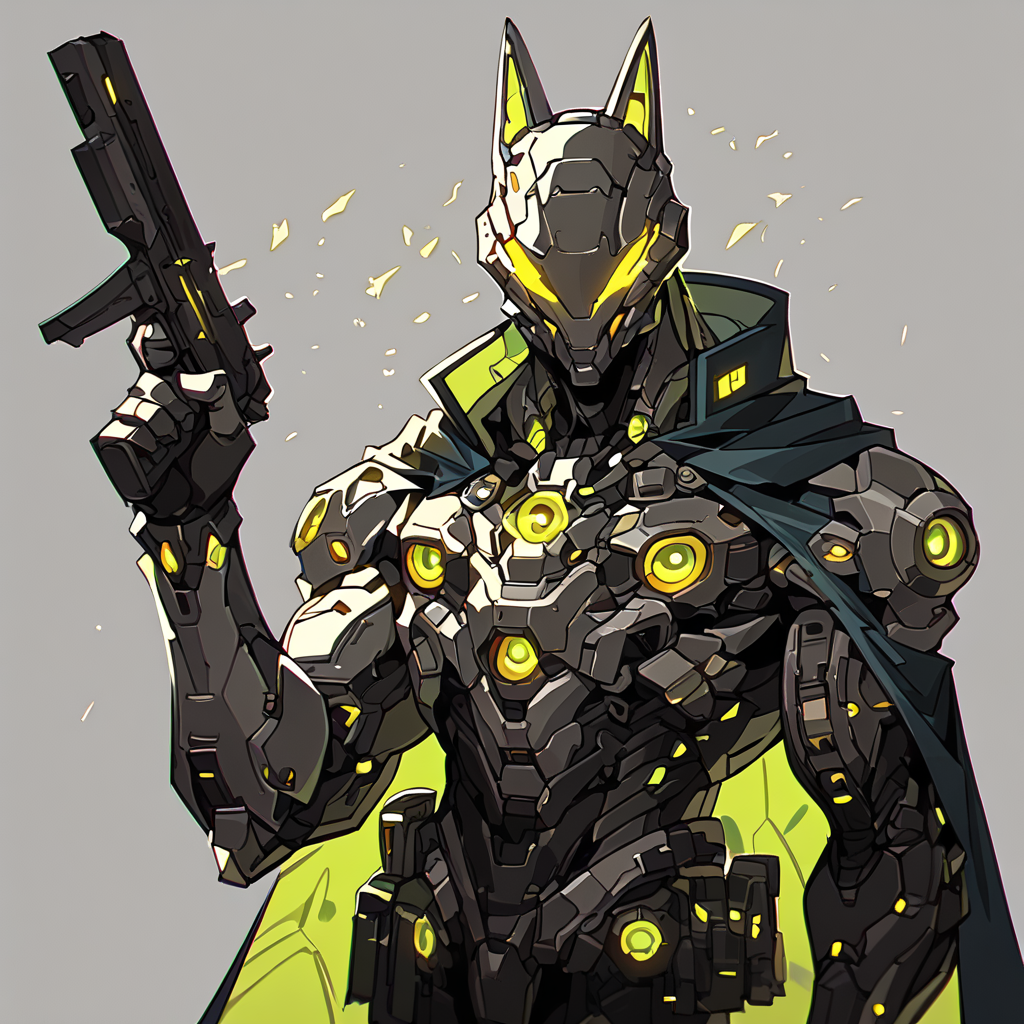 score_9, score_8_up, score_7_up, upscale 2x   (A dark grey colored cat helmet with an cyberpunk aesthetic featuring orange eyes and yellow teeth. He is wearing an oversized green poncho that has been damaged in the style of battle, holding futuristic guns in each hand. In the background there is a gray sky with some clouds in an anime style, hkfuture, reflective light:1.2),