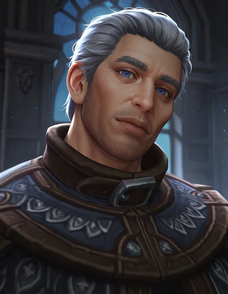 cinematic_depth, 8k, soft_lighting, warm_glow, ultra_high_quality, masterpiece, best quality, newest, perfect quality, intricate details, detailed background, male focus, realistic, solo, <lora:World Of Warcraft - Archmage Khadgar - Illustrious-000006:0.7> wow_khadgar, 1boy, mature male, grey hair, short hair, blue eyes, stubble, robe, head tilt, looking at viewer, head tilt, portrait