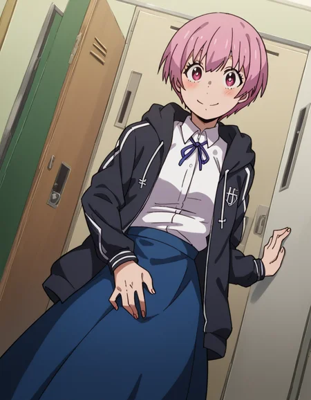 score_9, score_8_up, score_7_up, source_anime, <lora:inca-kasugatani-s2-ponyxl-lora-nochekaiser:1>, inca kasugatani, short hair, pink hair, pink eyes, medium breasts,, skirt, shirt, ribbon, jacket, white shirt, blue skirt, neck ribbon, blue ribbon, purple ribbon, school hallway, lockers, between classes, everyday life, smile, hand on stomach, blush,, looking at viewer, solo,, dutch angle, cowboy shot