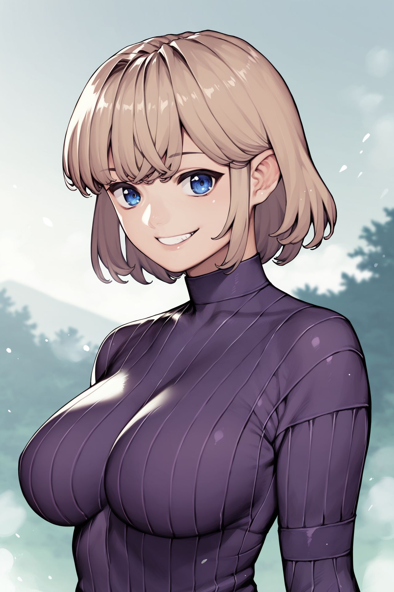 score_9, score_8_up, score_7_up, 1girl, kind smile, light brown hair, bangs, dark blue eyes, large breasts, dark purple clothes, outdoors, foggy atmosphere <lora:Yoshikazu_Hamada_PonyXL_style_v01:1>